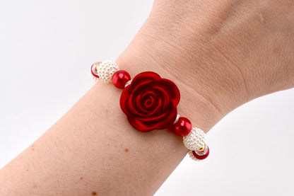 Red Rose and Pearl Beaded Bracelet