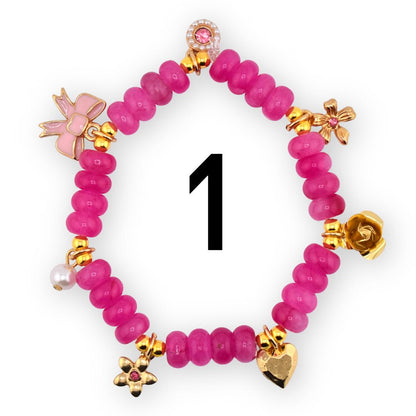 Hot Pink Beaded Charm Bracelet | Pink Stretch Bracelet with Gold Charms