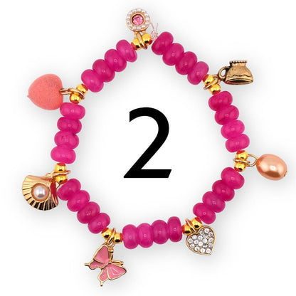 Hot Pink Beaded Charm Bracelet | Pink Stretch Bracelet with Gold Charms