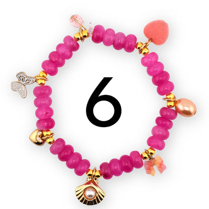 Hot Pink Beaded Charm Bracelet | Pink Stretch Bracelet with Gold Charms