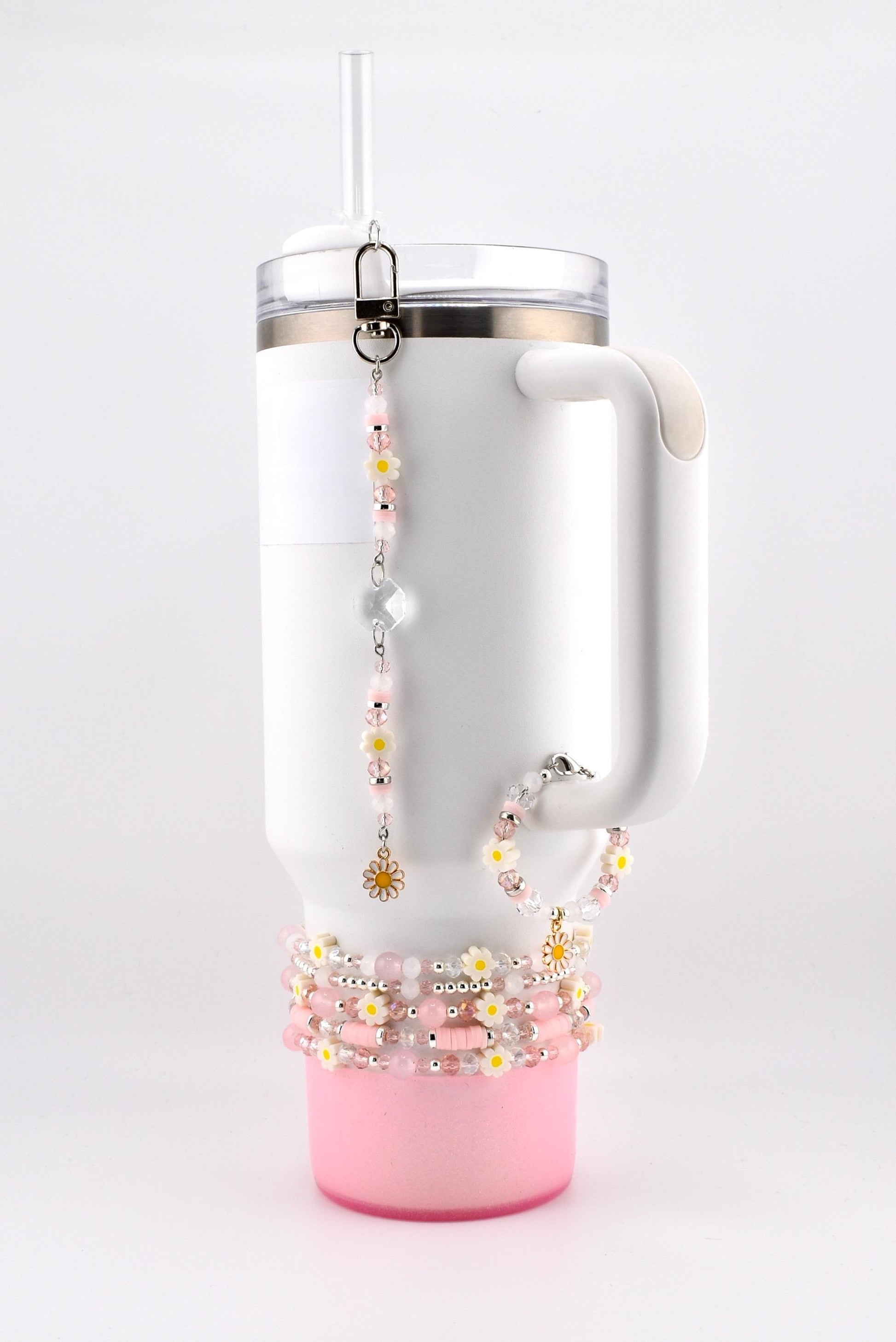 Rose Quartz Bouquet Bracelet Collection: Pink and Silver Beaded Bracelets with Clay Daisy Beads