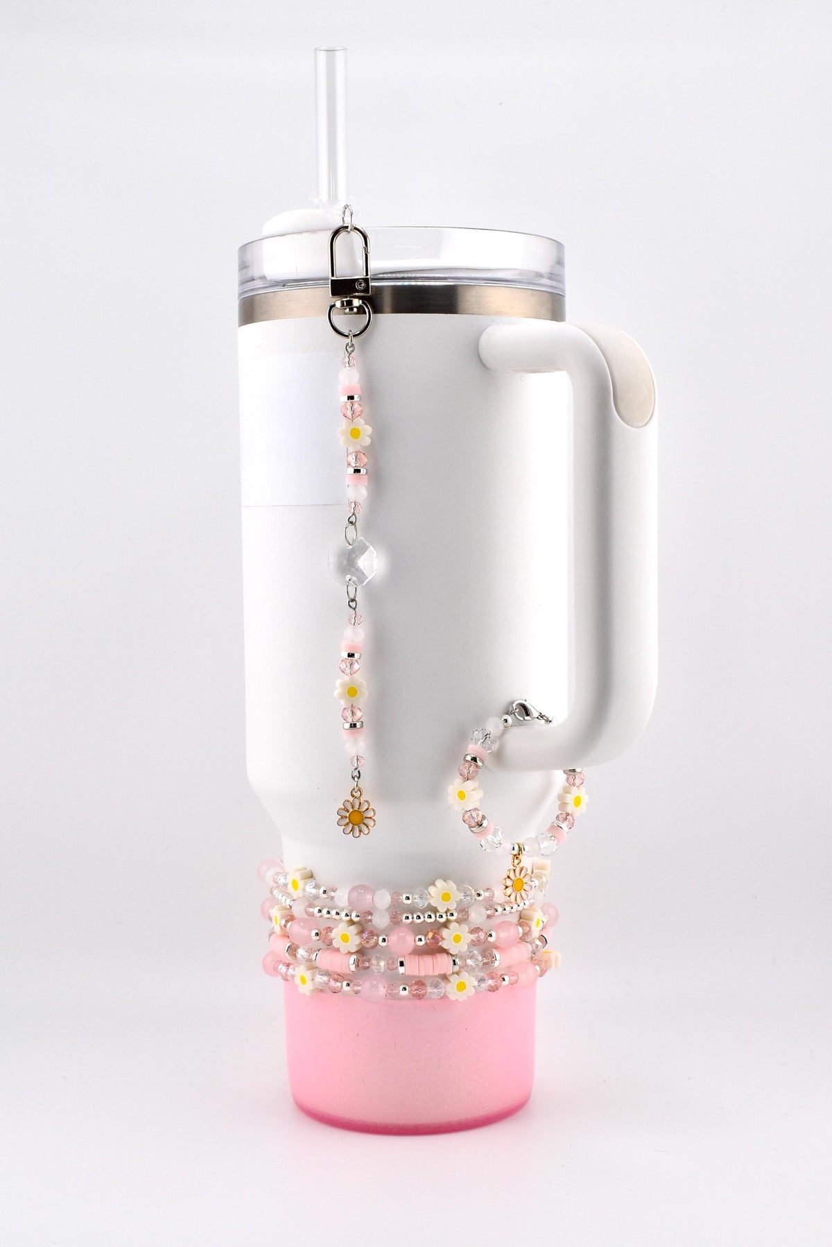 Rose Quartz Bouquet Bracelet Collection: Pink and Silver Beaded Bracelets with Clay Daisy Beads
