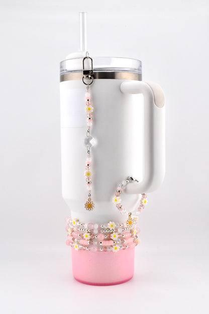 Rose Quartz Bouquet Bracelet Collection: Pink and Silver Beaded Bracelets with Clay Daisy Beads