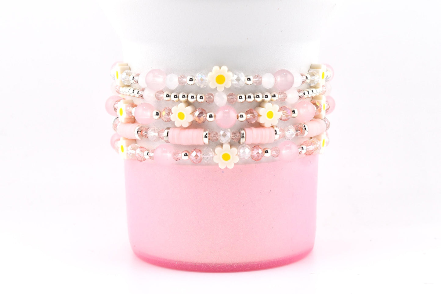Rose Quartz Bouquet Bracelet Collection: Pink and Silver Beaded Bracelets with Clay Daisy Beads