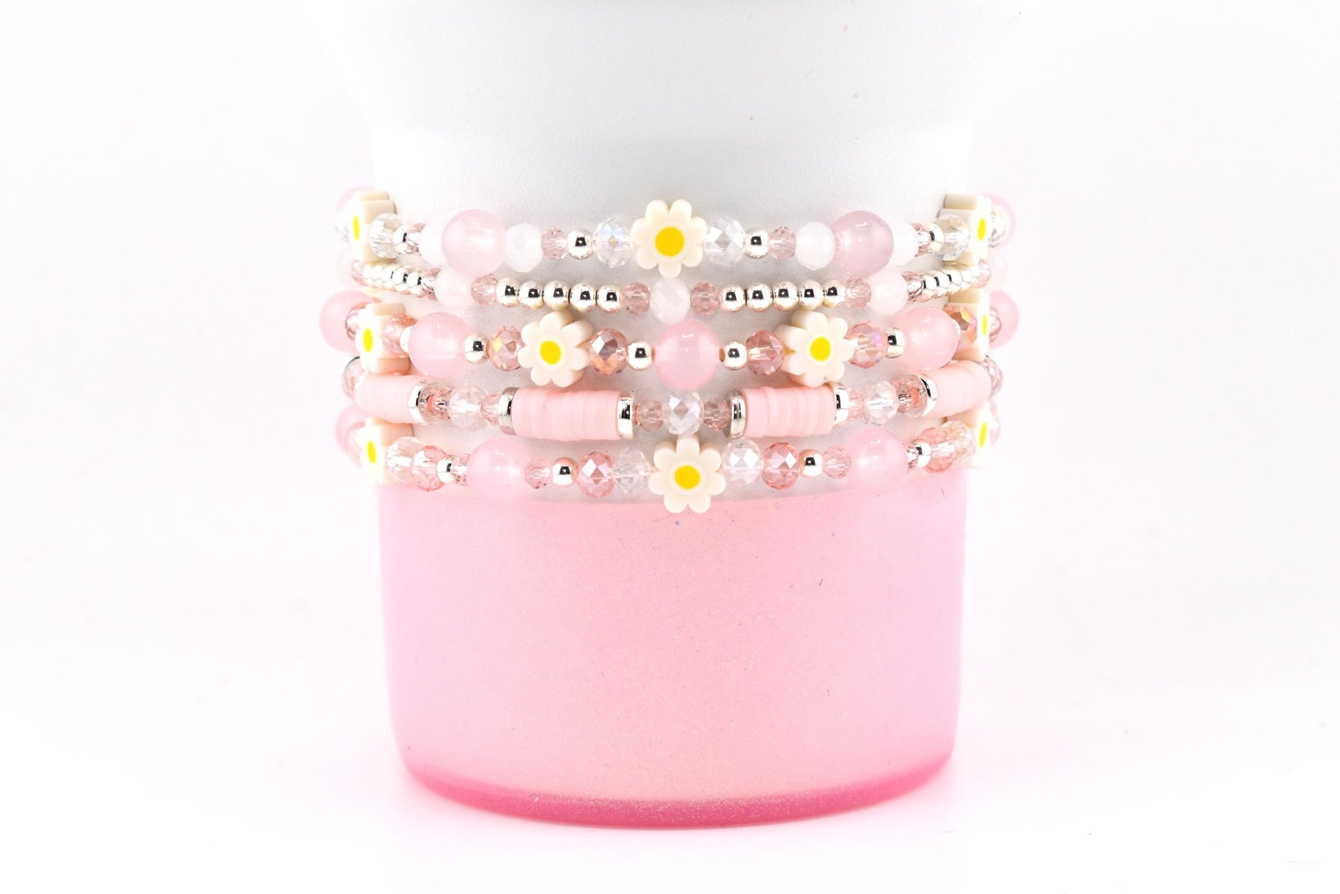 Rose Quartz Bouquet Bracelet Collection: Pink and Silver Beaded Bracelets with Clay Daisy Beads