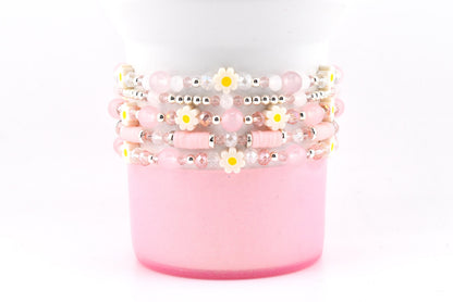 Rose Quartz Bouquet Bracelet Collection: Pink and Silver Beaded Bracelets with Clay Daisy Beads