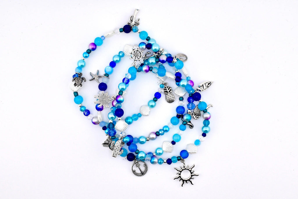 Coastal Charm Bracelet Collection: Teal Blue and Silver Beaded Bracelets with Beach Charms