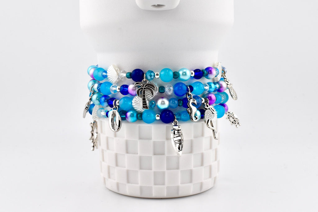 Coastal Charm Bracelet Collection: Teal Blue and Silver Beaded Bracelets with Beach Charms