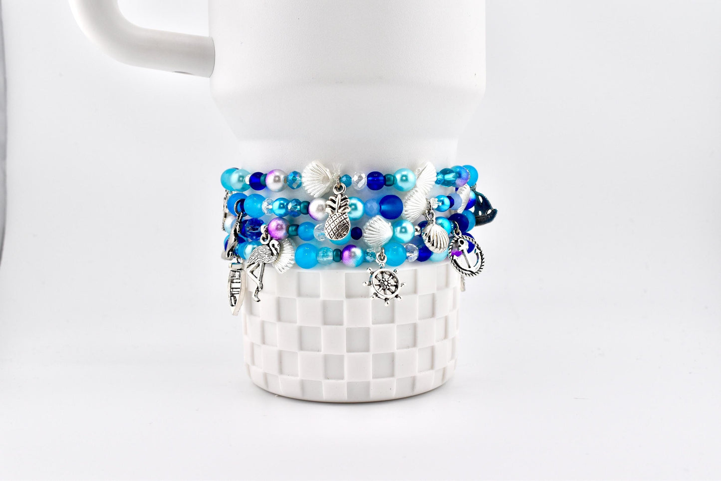 Coastal Charm Bracelet Collection: Teal Blue and Silver Beaded Bracelets with Beach Charms