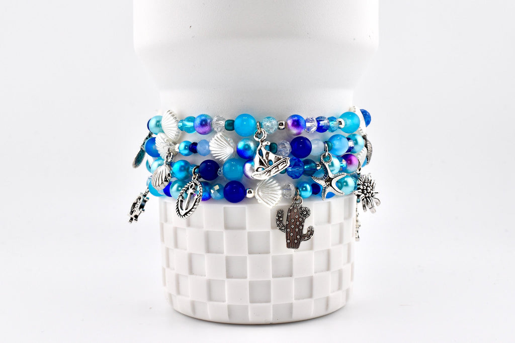 Coastal Charm Bracelet Collection: Teal Blue and Silver Beaded Bracelets with Beach Charms