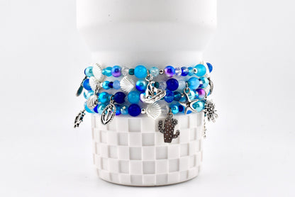 Coastal Charm Bracelet Collection: Teal Blue and Silver Beaded Bracelets with Beach Charms