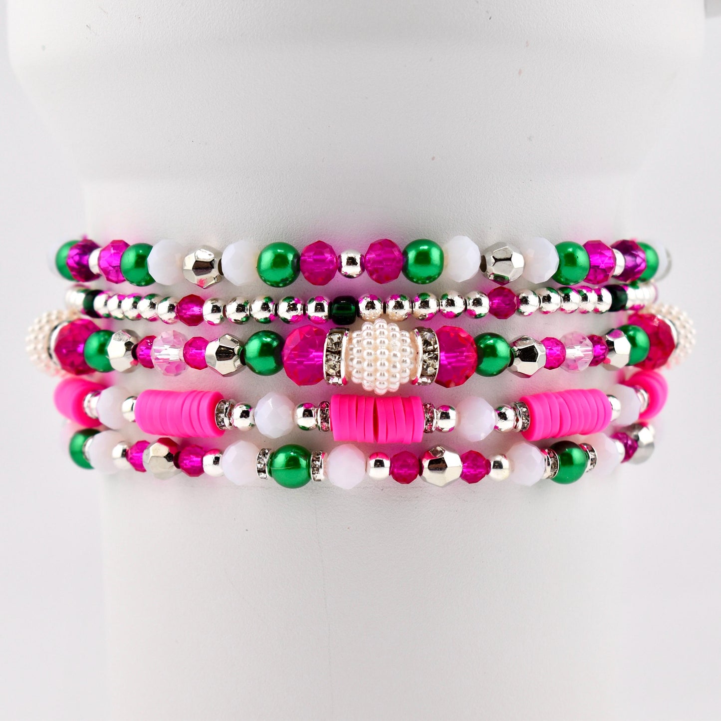 Pink and Green Bracelet Stack — Pink Green and Silver Beaded Bracelets