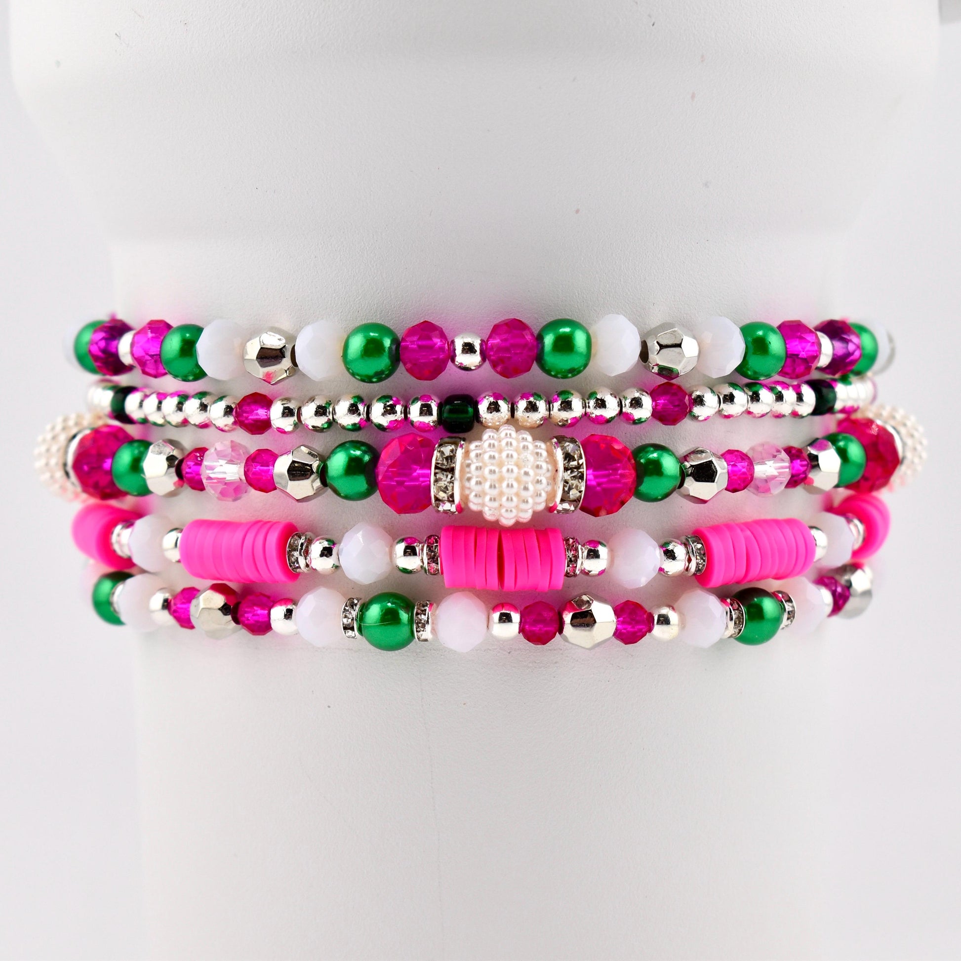 Pink and Green Bracelet Stack — Pink Green and Silver Beaded Bracelets