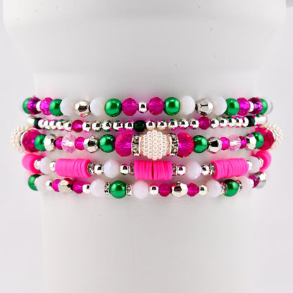 Pink and Green Bracelet Stack — Pink Green and Silver Beaded Bracelets