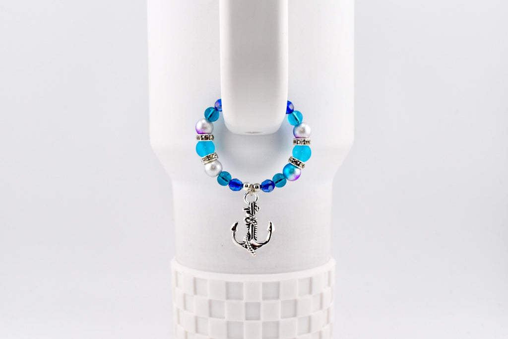 Coastal Charm Tumbler Handle Bracelet: Teal Blue Silver Anchor Charm