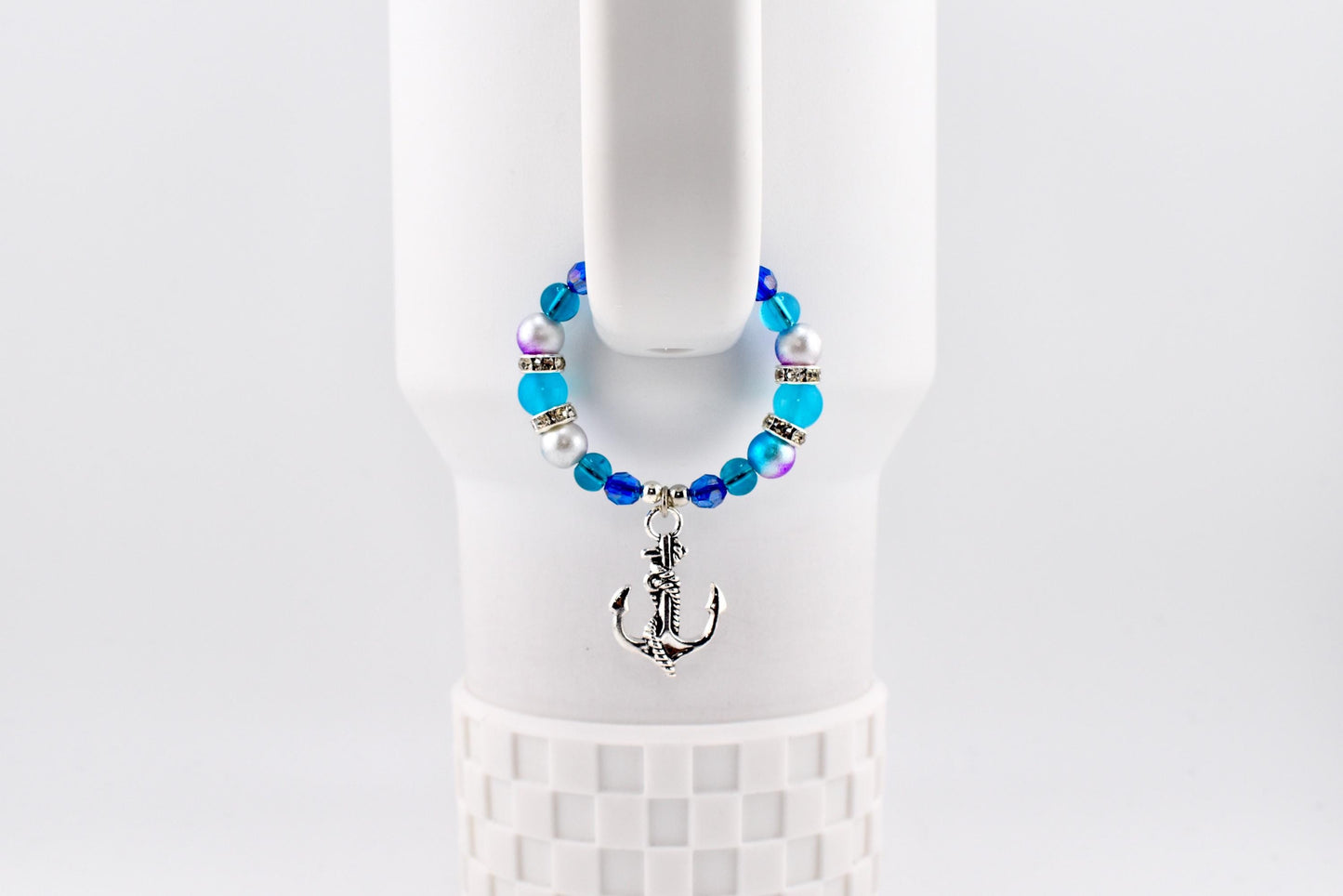 Coastal Charm Tumbler Handle Bracelet: Teal Blue Silver Anchor Charm