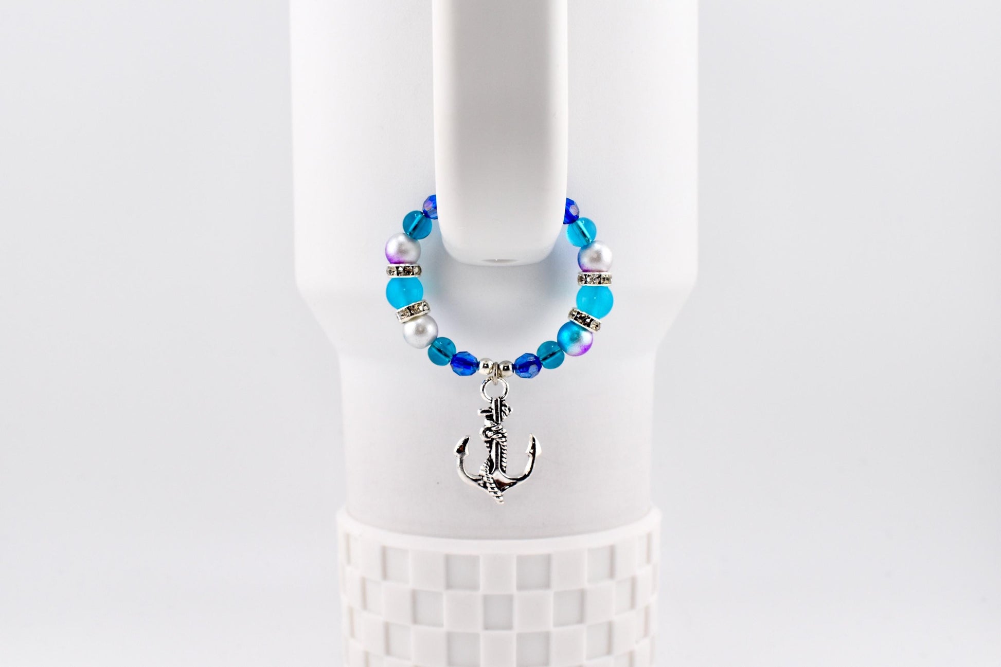 Coastal Charm Tumbler Handle Bracelet: Teal Blue Silver Anchor Charm