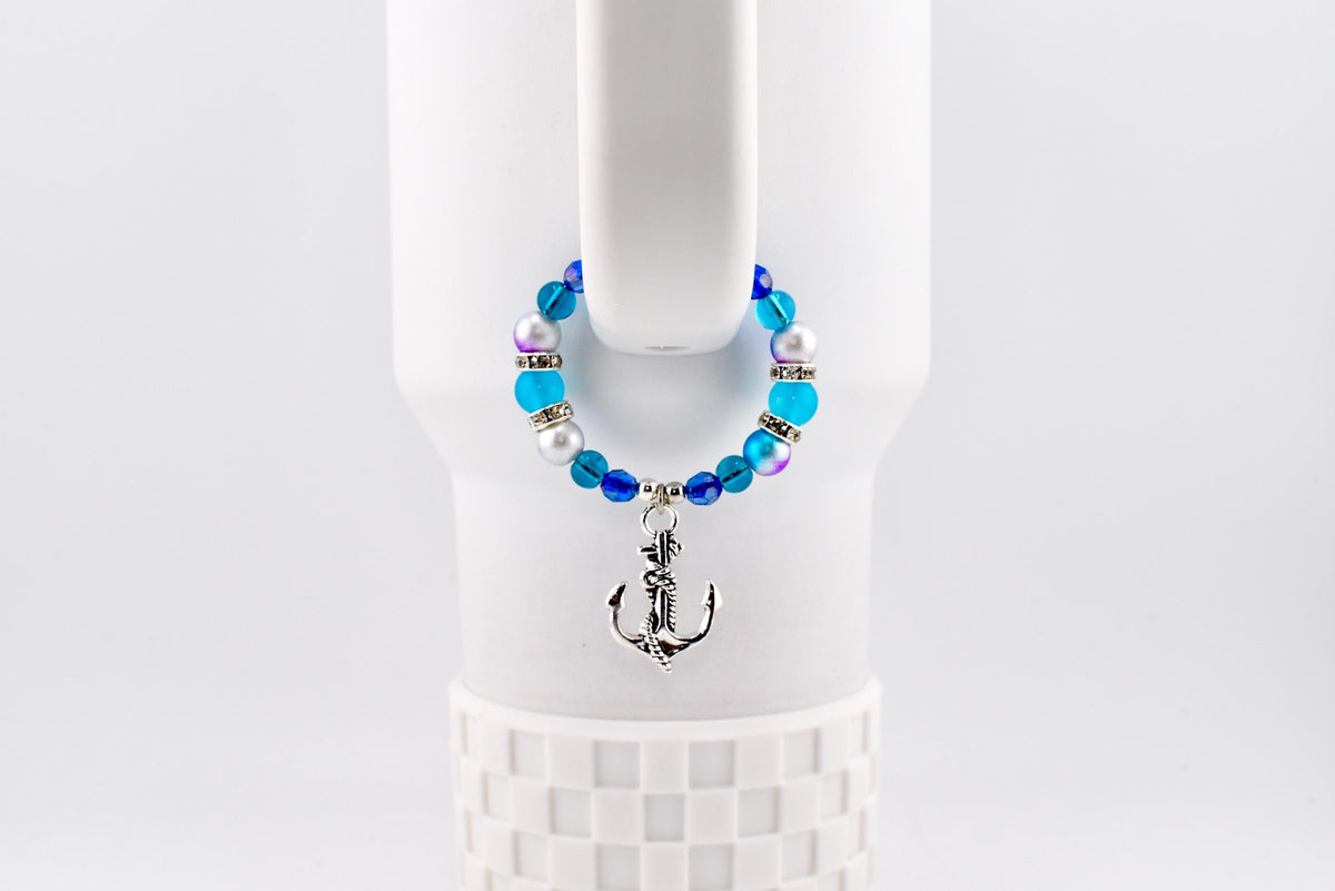 Coastal Charm Tumbler Handle Bracelet: Teal Blue Silver Anchor Charm