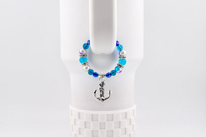 Coastal Charm Tumbler Handle Bracelet: Teal Blue Silver Anchor Charm
