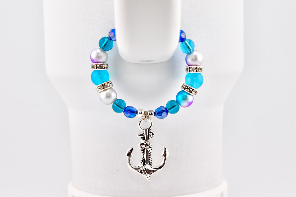 Coastal Charm Tumbler Handle Bracelet: Teal Blue Silver Anchor Charm