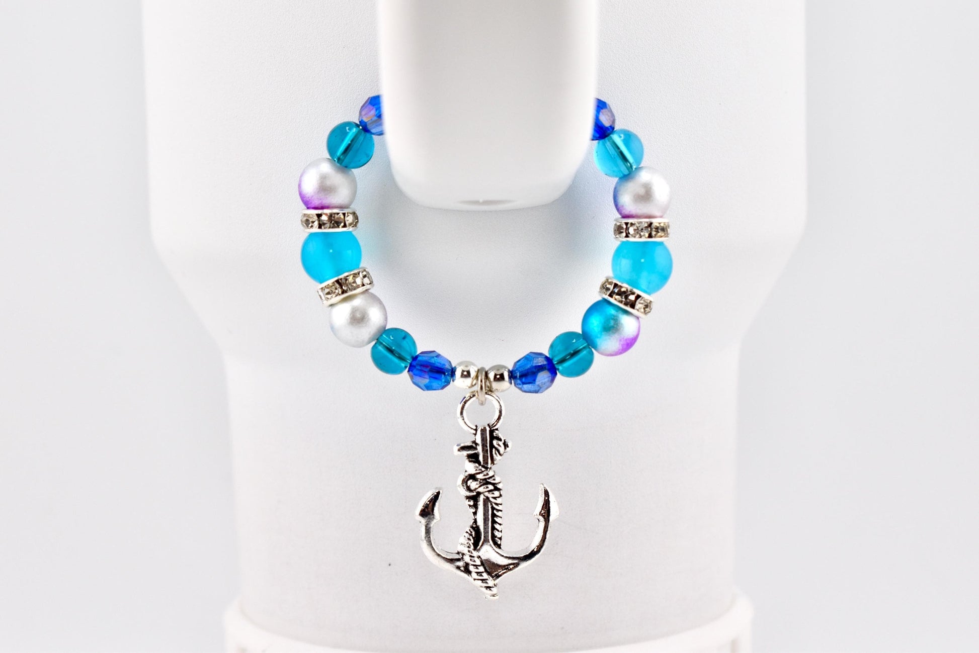 Coastal Charm Tumbler Handle Bracelet: Teal Blue Silver Anchor Charm