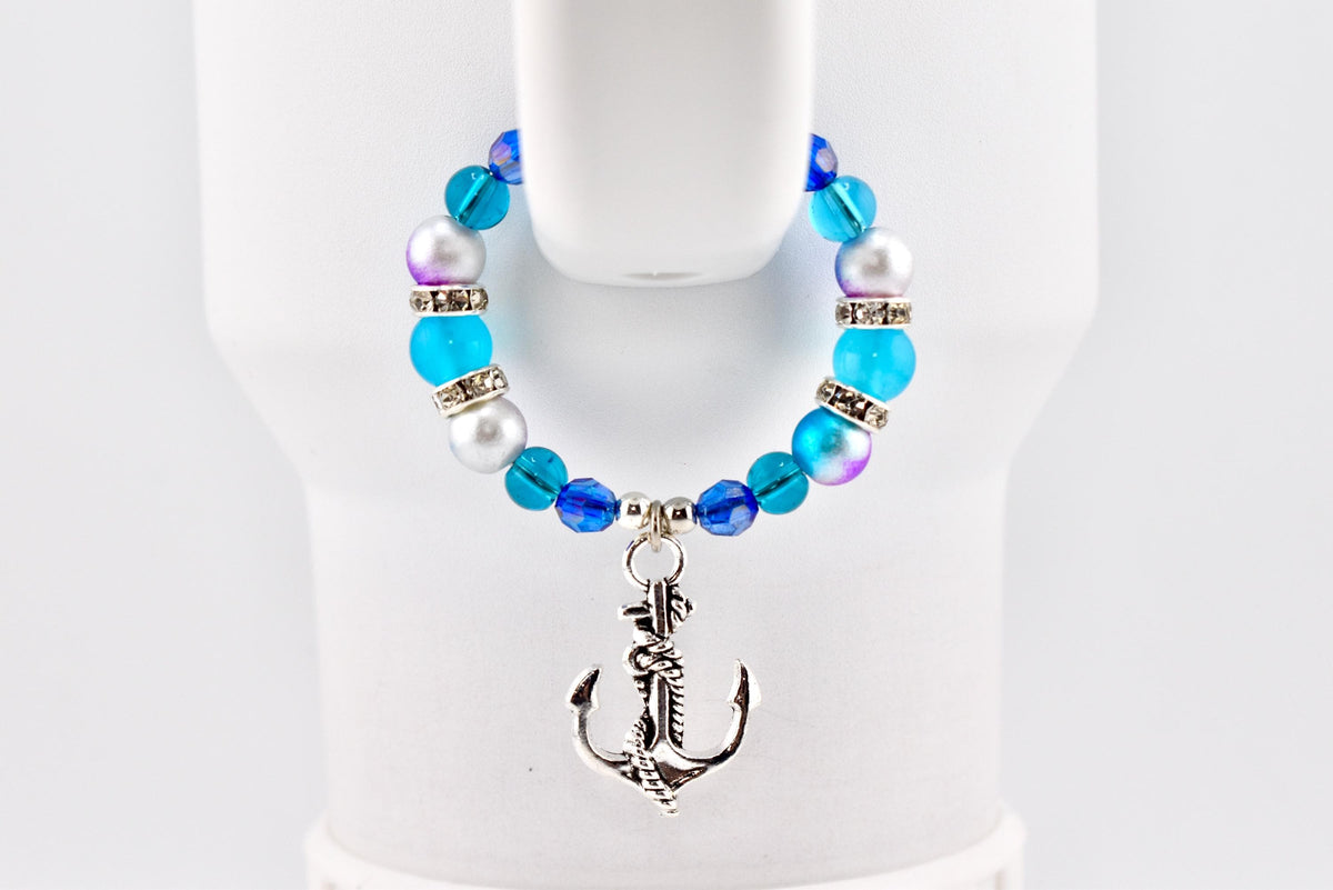 Coastal Charm Tumbler Handle Bracelet: Teal Blue Silver Anchor Charm