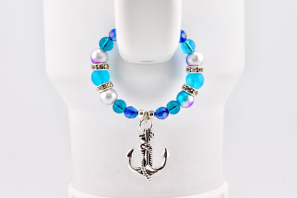 Coastal Charm Tumbler Handle Bracelet: Teal Blue Silver Anchor Charm