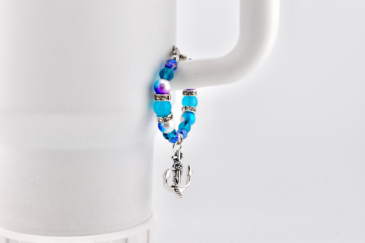 Coastal Charm Tumbler Handle Bracelet: Teal Blue Silver Anchor Charm