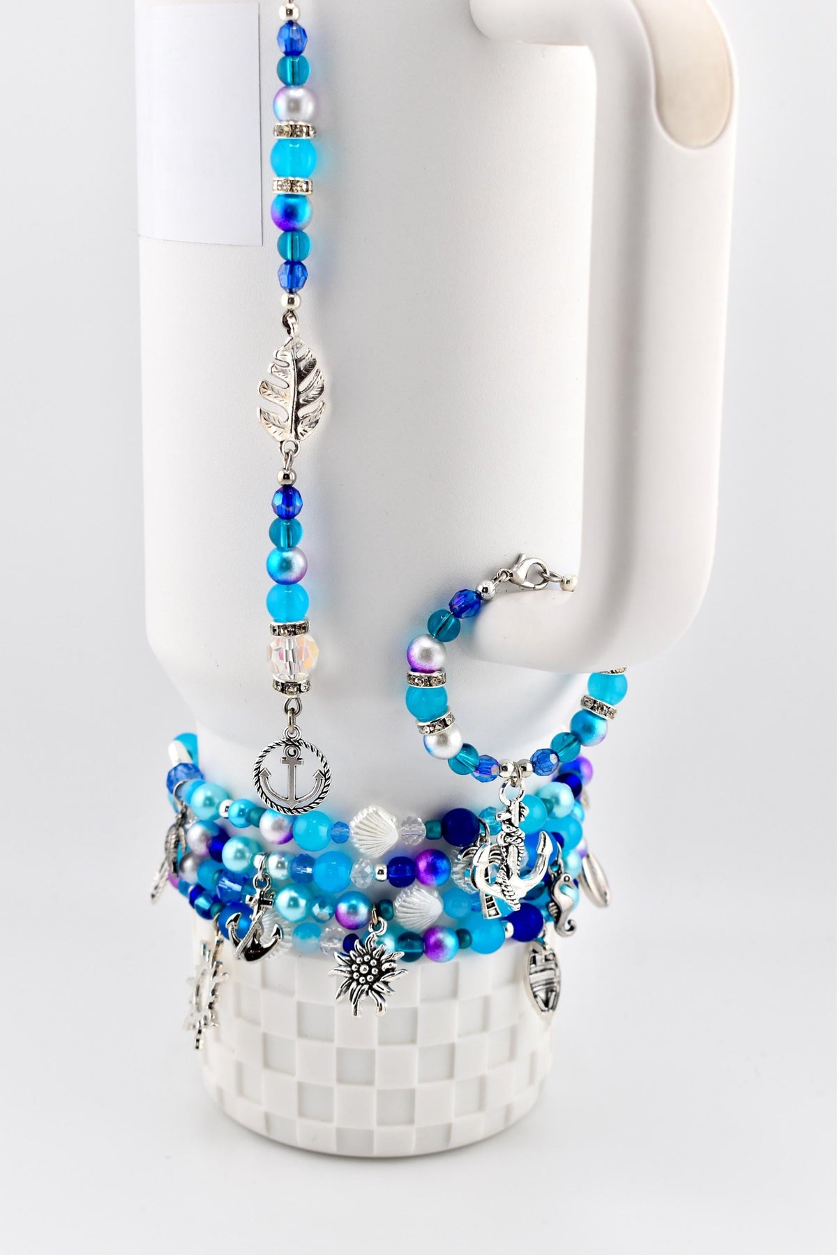Coastal Charm Tumbler Handle Bracelet: Teal Blue Silver Anchor Charm