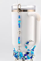 Coastal Charm Tumbler Straw Dangle: Teal Blue Silver Beads, Anchor, Monstera Leaf