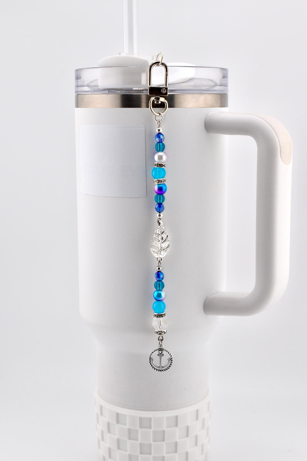 Coastal Charm Tumbler Straw Dangle: Teal Blue Silver Beads, Anchor, Monstera Leaf