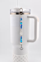 Coastal Charm Tumbler Straw Dangle: Teal Blue Silver Beads, Anchor, Monstera Leaf