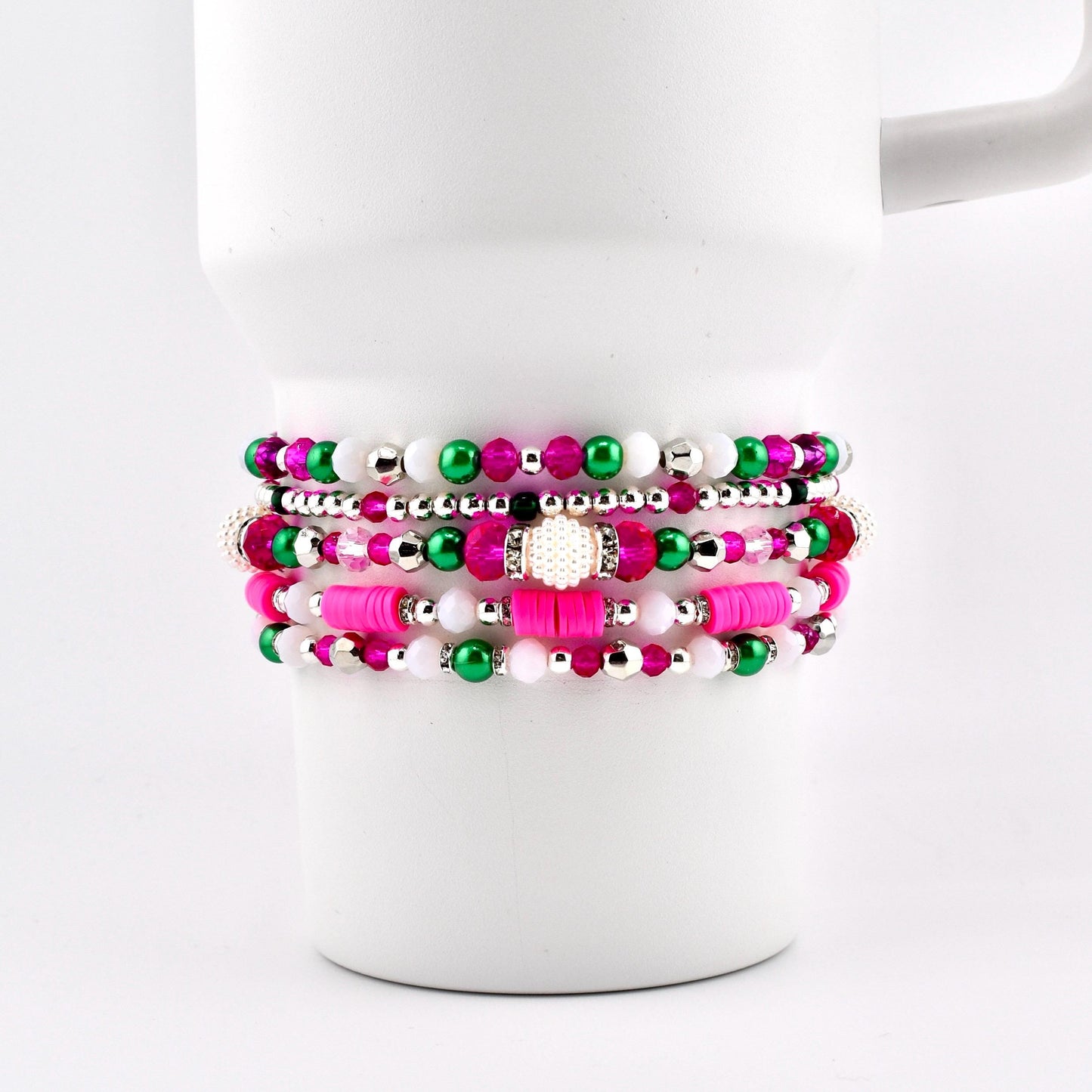 Pink and Green Bracelet Stack — Pink Green and Silver Beaded Bracelets