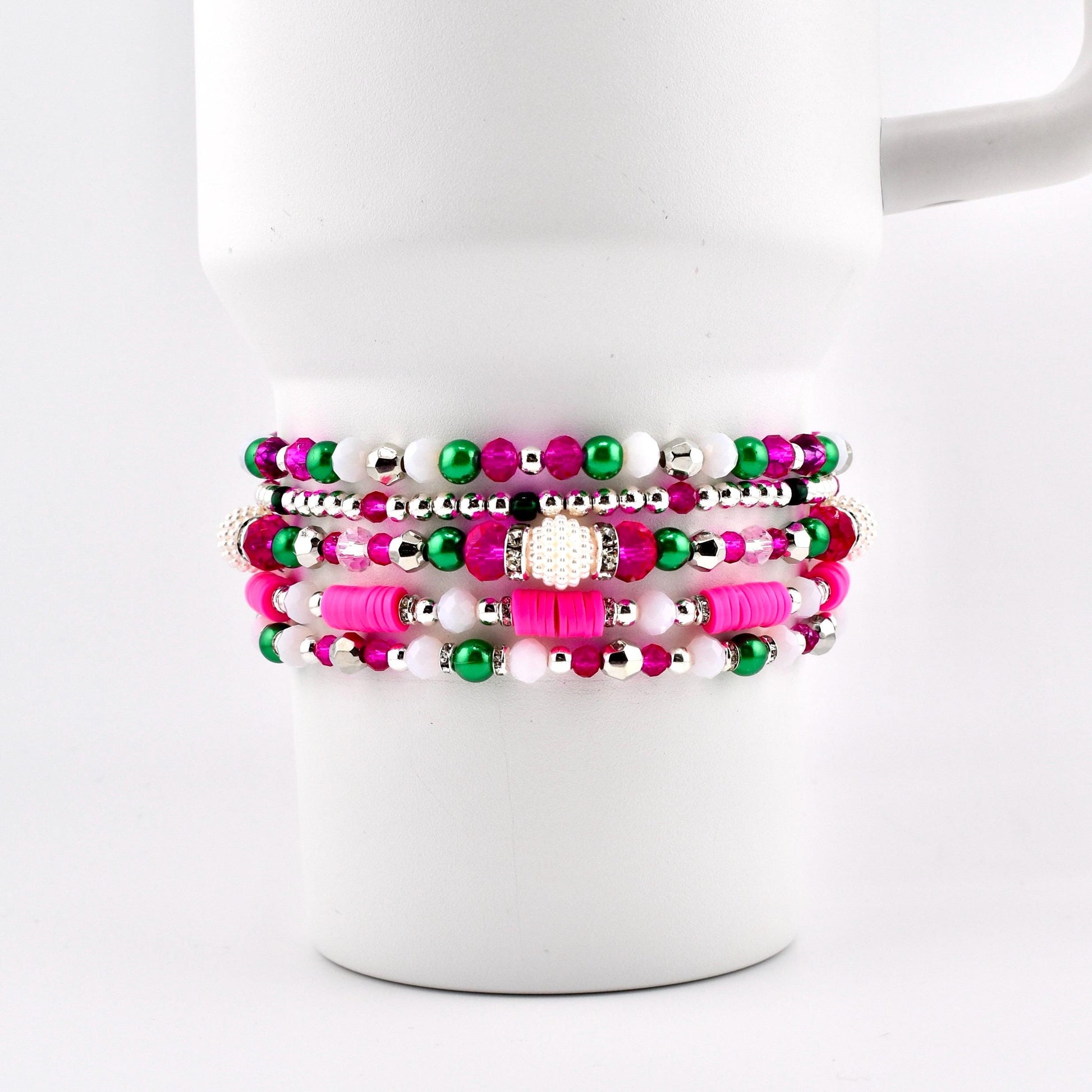 Pink and Green Bracelet Stack — Pink Green and Silver Beaded Bracelets