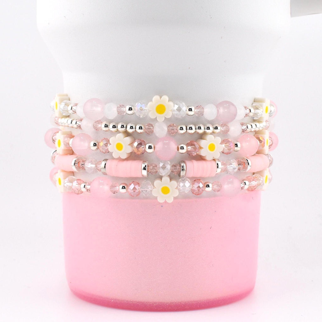 Rose Quartz Bouquet Bracelet Collection: Pink and Silver Beaded Bracelets with Clay Daisy Beads