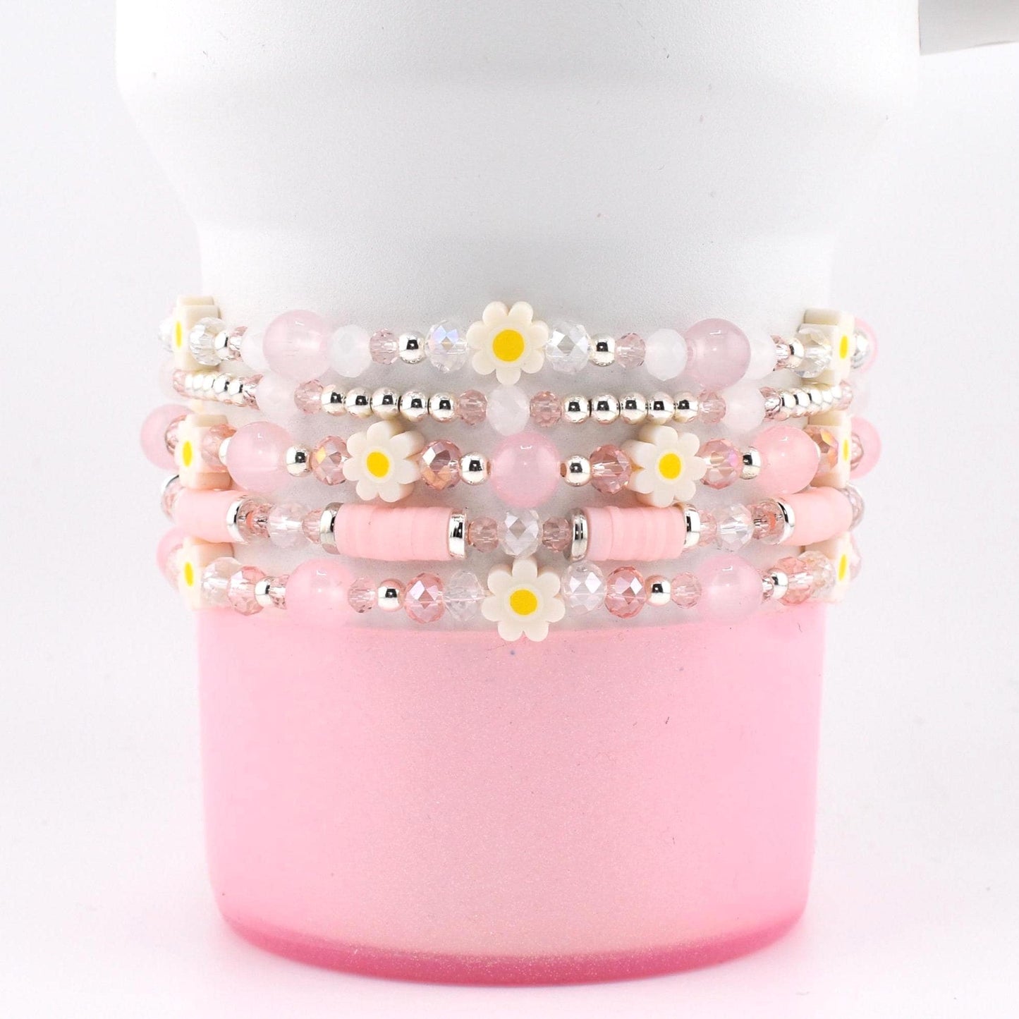 Rose Quartz Bouquet Bracelet Collection: Pink and Silver Beaded Bracelets with Clay Daisy Beads