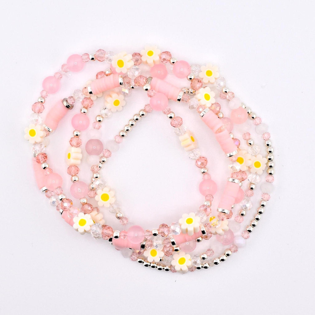 Rose Quartz Bouquet Bracelet Collection: Pink and Silver Beaded Bracelets with Clay Daisy Beads