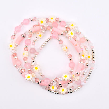 Rose Quartz Bouquet Bracelet Collection: Pink and Silver Beaded Bracelets with Clay Daisy Beads