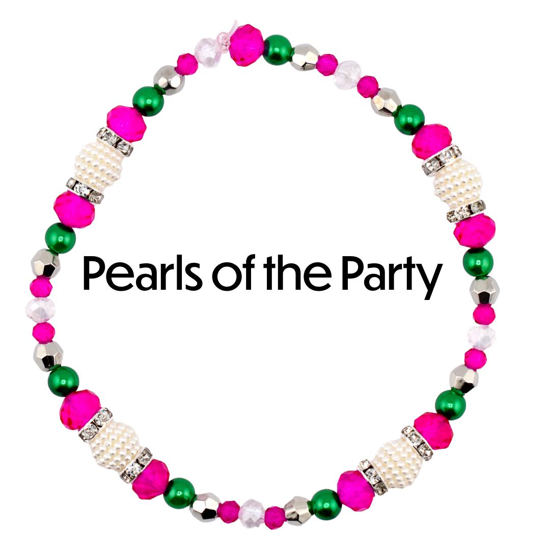 A beaded bracelet with the text "Pearls of the Party". The bracelet features a variety of beads in bright pink, green, silver, white, and clear. Some beads are embellished with rhinestones.