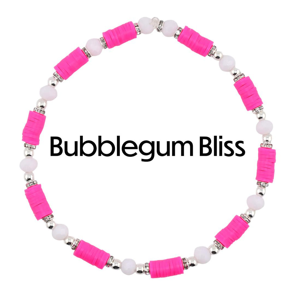 A beaded bracelet with the text "Bubblegum Bliss". The bracelet features bright pink, flat, disc-shaped beads interspersed with white, round beads and silver-colored spacers. The bracelet is circular and sits against a white background.