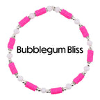 A beaded bracelet with the text "Bubblegum Bliss". The bracelet features bright pink, flat, disc-shaped beads interspersed with white, round beads and silver-colored spacers. The bracelet is circular and sits against a white background.