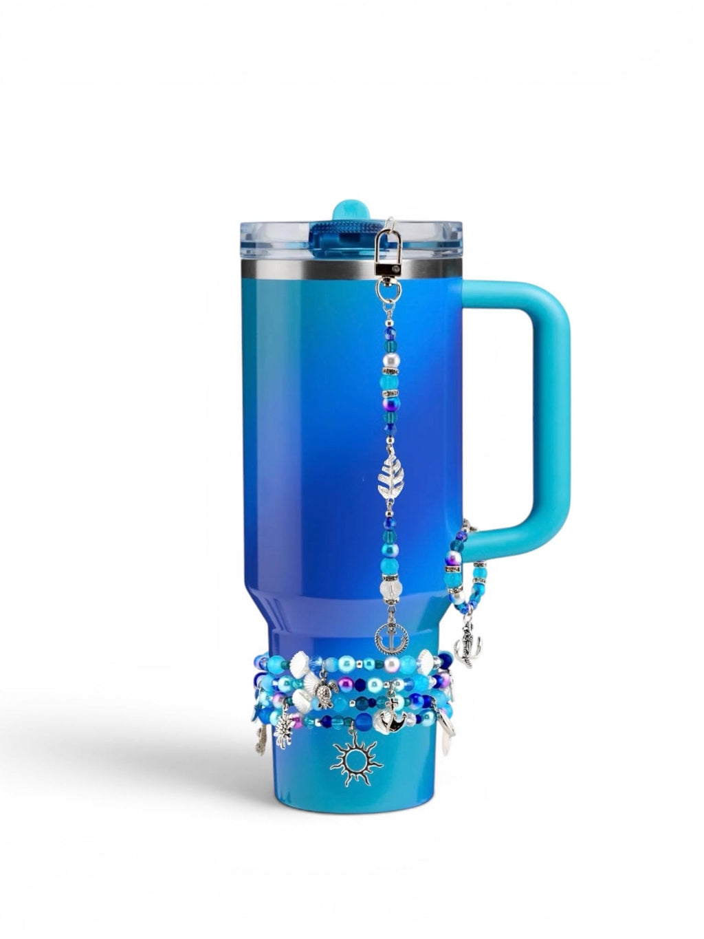 Coastal Charm Bracelet Collection: Teal Blue and Silver Beaded Bracelets with Beach Charms