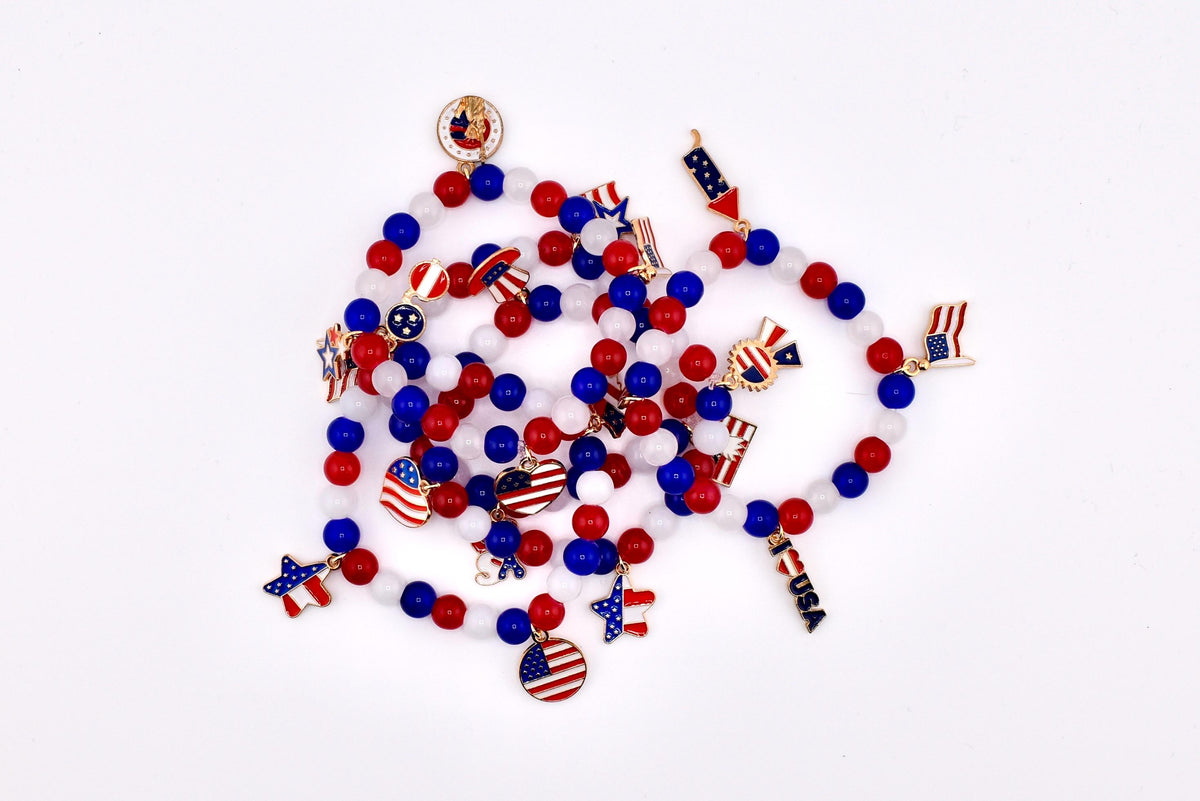 Patriotic Charm Bracelet | Red White Blue Glass Beads, USA Flag Charms