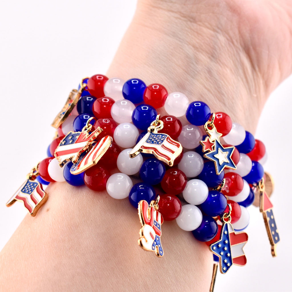 Patriotic Charm Bracelet | Red White Blue Glass Beads, USA Flag Charms
