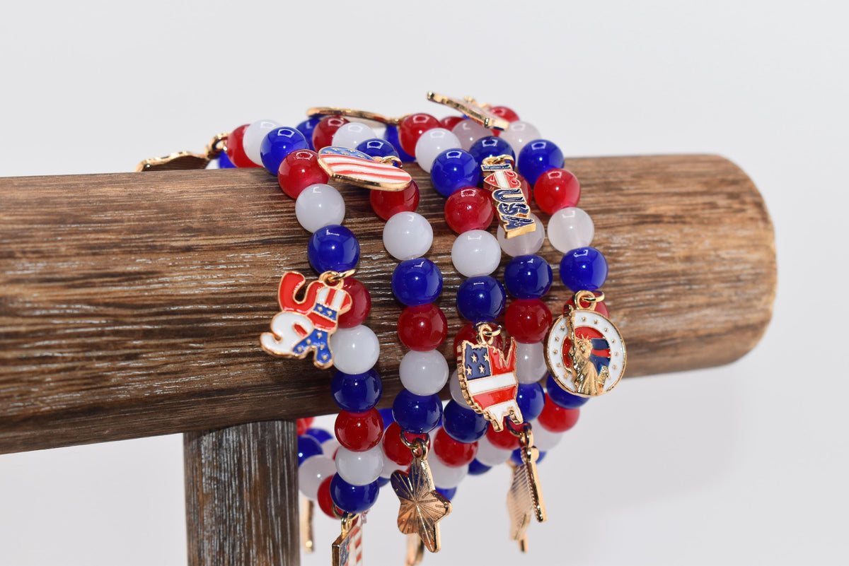 Patriotic Charm Bracelet | Red White Blue Glass Beads, USA Flag Charms