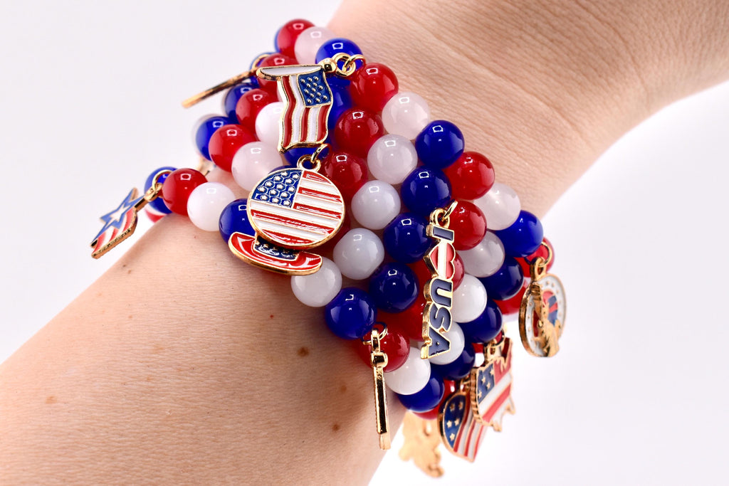 Patriotic Charm Bracelet | Red White Blue Glass Beads, USA Flag Charms