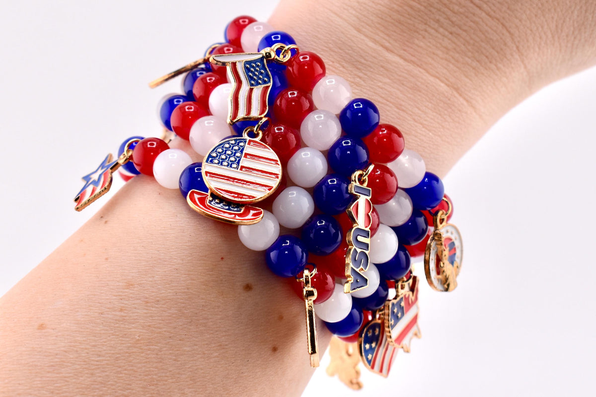 Patriotic Charm Bracelet | Red White Blue Glass Beads, USA Flag Charms