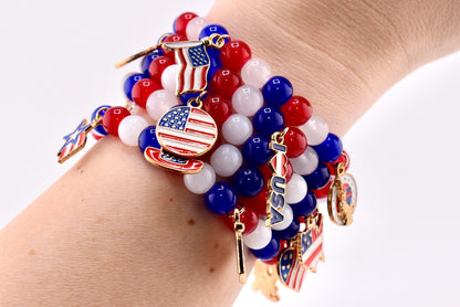 Patriotic Charm Bracelet | Red White Blue Glass Beads, USA Flag Charms
