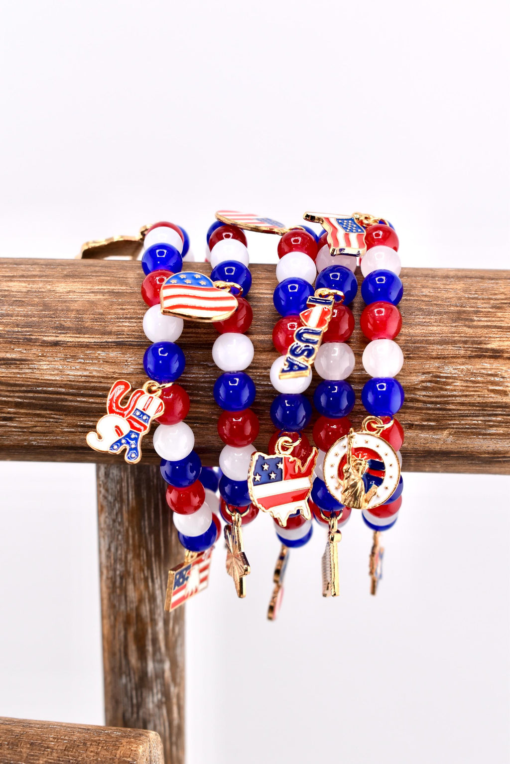 Patriotic Charm Bracelet | Red White Blue Glass Beads, USA Flag Charms