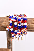 Patriotic Charm Bracelet | Red White Blue Glass Beads, USA Flag Charms